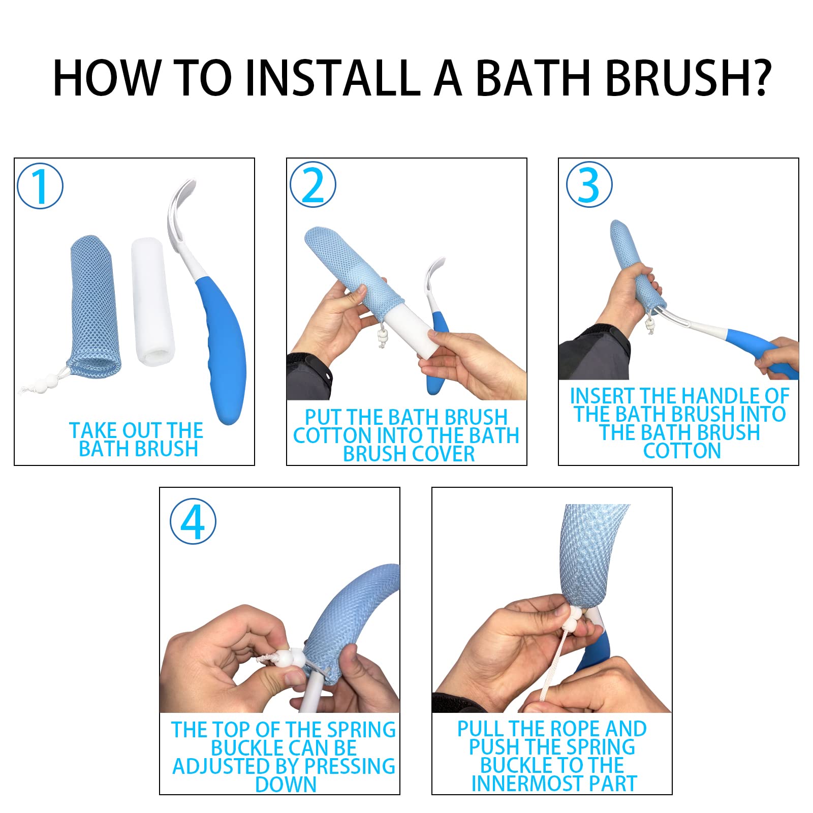 Shower Brush Body Skin Exfoliating Removable Bold Long Handle Back Washer Curved Back Scrub Brush Massage Bath Brush Extra Large Curved Handle European and American Hand-Shaped(Blue-White)